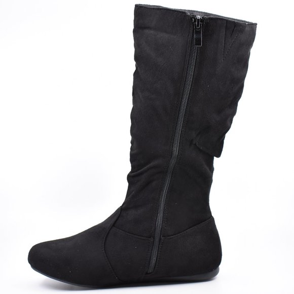 Black Faux Suede Flat Wrinkle Slouch Round Boots - Picture 4 of 5